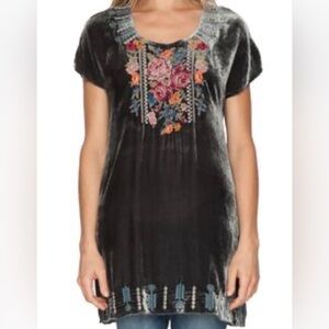 Johnny Was embroidered grey velvet tunic top NWT